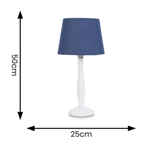 ValueLights Victoria Traditional White Wood Candlestick Table Lamp with Navy Blue Tapered Shade - LED Bulb Included