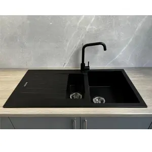 Liquida LG150BL 1.5 Bowl Granite Reversible Inset Black Kitchen Sink With Waste