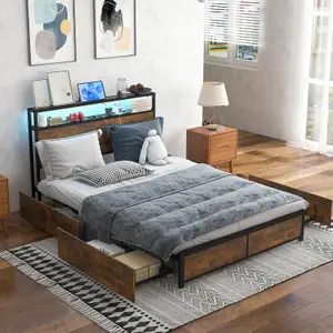 Costway King Size Bed Frame Metal Bed Platform LED Lights Headboard & 4 Storage Drawers