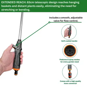 8-Function Watering Lance 83cm - Long Reach, Multi Jet Nozzle Lawn, Garden, Car Wash & Hanging Baskets - Includes Hose Connector