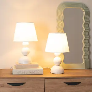 ValueLights Winnie Pair of Cream Fabric Shade Stacked Touch Table Lamps with LED Bulbs