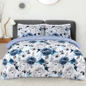 Sleepdown Inky Floral Blue Duvet Set Quilt Cover Reversible Polycotton Bedding Double