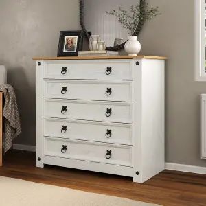 Corona White 5 Drawer Chest of Drawers Mexican Solid Pine Wood