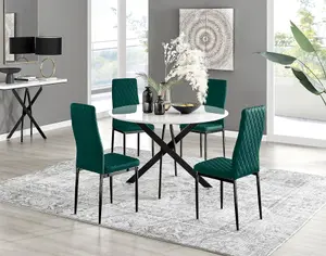 Furniturebox UK Novara White Gloss Black Leg 120cm Round Dining Table & 4 Green Velvet Milan Black Leg Chairs