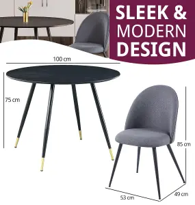 Hallowood Furniture Finley Small Round Dining Table in Black Finish with 2 Curved Back Grey Fabric Chairs