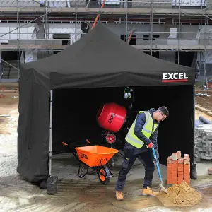 Excel Steel Gazebo 3m x 3m Black with Wheel Bag, Wall panel, Sand Bag, Rope & Pegs