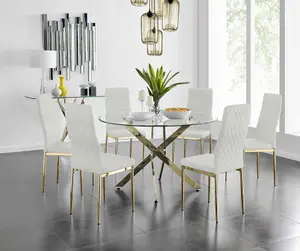 Furniturebox UK Novara 120cm Gold Round Dining Table and 6 Cream Velvet Milan Gold Leg Chairs