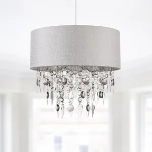 First Choice Lighting Pair of Large 40cm Easy Fit Shades in Grey with Acrylic Droplets