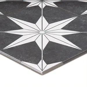 House of Mosaics Etoile Black & white Matt Patterned Distressed effect Porcelain Indoor & outdoor Wall & floor Tile, Pack of 7, (L)450mm (W)450mm