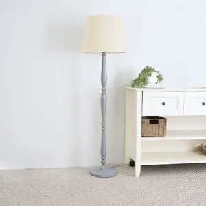 ValueLights Victoria Traditional Grey Wood Candlestick Floor Lamp with Beige Tapered Shade