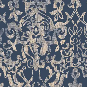 Next Majestic damask Navy Metallic effect Smooth Wallpaper