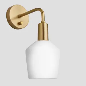 Industville Sleek Opal Glass Schoolhouse Wall Light, 5.5 Inch, White, Brass Holder