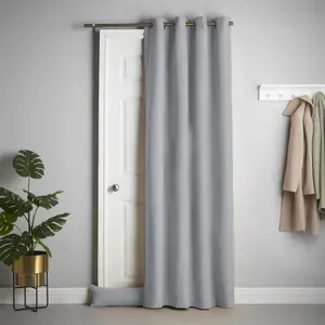 Velvet Chenille Thermal Fleece Lined Ring Top Door Curtain 137cm x 213cm Silver