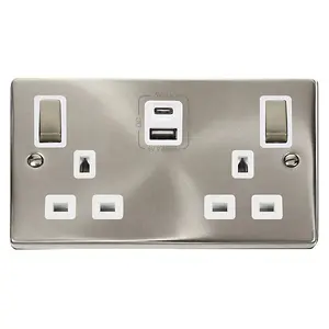 Satin / Brushed Chrome 2 Gang 13A DP Ingot Type A & C USB Twin Double Switched Plug Socket - White Trim - SE Home