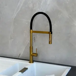 Liquida W24BR S shape Swan Neck 360 Degree Swivel Brushed Brass Kitchen Tap