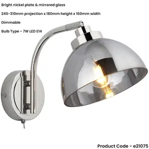 Indoor Bright Nickel Plate Wall Light - Mirrored Glass Shade - Dimmable 7W LED E14