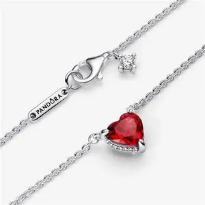 Pandora Sparkling Heart Halo Pendant Collier Necklace - Sterling Silver / Mixed Stone / Red - Sz. 45 cm