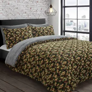 Velosso Camouflage Teddy Warm And Cosy Duvet Cover And Pillowcase Set - Green