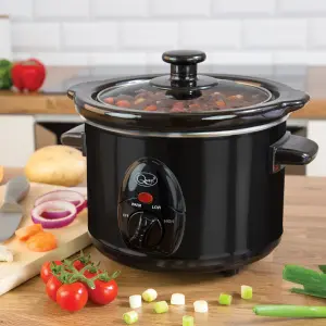 Quest 1.5 Litre Slow Cooker - Black - 3 Temperature Settings - Glass Lid - Dishwasher Safe