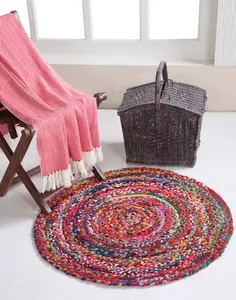 SUNDAR Round Multicolour Rug Ethical Source with Recycled Fabric 90 cm Diameter