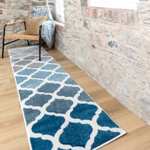 Navy Blue Grey Modern Trellis Living Area Runner Rug 60x240cm