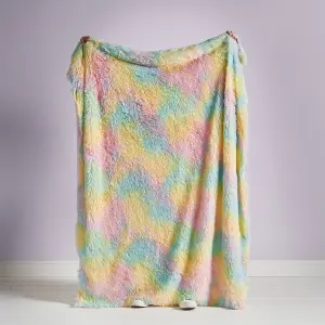 Catherine Lansfield Cuddly Rainbow Deep Pile Faux Fur 130x170cm Blanket Throw Pastel