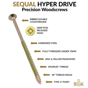 SEQUAL Hyper Drive Wood Screws, Self Countersinking Head, With Knurled Thread, M6x90mm (Box of 100)