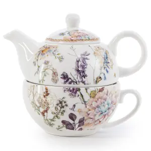 EHC Bell Flowers Design Porcelain Tea For One Tea-pot with Handle, Microwave, Oven & Dishwasher Safe, Gift Boxed,  490/Cup 320ml