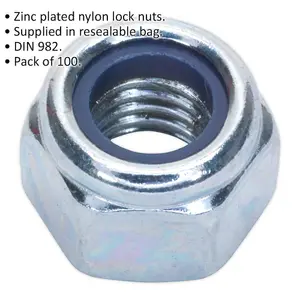 100 Pack of Zinc Plated M8 Nylon Locknut Bolts - DIN 982 - 1.25mm Pitch for Secure Fastening