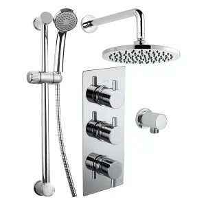 Round Twin Head Wall Concealed Thermostatic Shower Valve Set with Riser Kit - Chrome