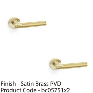 2 PACK - SOLID BRASS Reeded Door Handle Set - Satin Brass Straight Lever on Round Rose