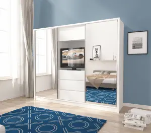 Contemporary 2 Mirrored Sliding Door Wardrobe TV Area 6 Shelves 1 Rail 3 Drawers 1 Cabinet White Matt (H)2140mm (W)2540mm (D)600mm