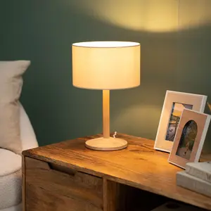 ValueLights Triston Single Stem Natural Light Wood Table Lamp with Beige Drum Shade