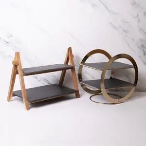 2 Piece Slate & Wood Serving Stand Set