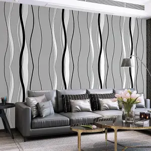 Dark Grey Non Woven Patterned Wallpaper, Wavy Striped Wallpaper Roll, Non Self Adhesive Wallpaper 5m²