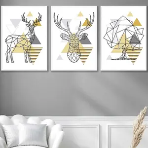 Set of 3 Geometric Line Art Yellow Stags Tree Set Wall Art Prints / 50x70cm / White Frame