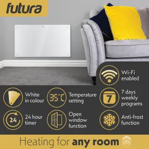 Futura Electric 1500W WIFI Glass Radiator Panel Heater White Wall Mounted or Floor Standing Bathroom Safe Timer and Thermostat