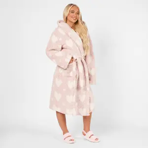 Heart Dressing Gown Soft Teddy Marl Fleece Hooded Ladies Long Warm Robe Womens