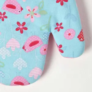 Homescapes Birds and Flowers Pink Cotton Oven Glove