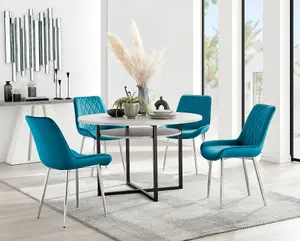 Adley Grey Concrete Effect And Black Round Dining Table with Storage Shelf and 4 Blue Velvet Silver Leg Pesaro Dining Chairs