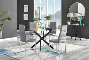 Furniturebox UK Novara Black Leg 120cm Round Glass Dining Table & 4 Grey Velvet Milan Chairs