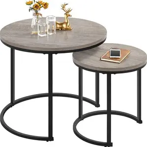 Yaheetech Round Nesting Coffee Table Set Of 2, Stacking End Side Table With Metal Frame, Sofa Tea Table For Small Space/Living Room/Bedroom, Grey,