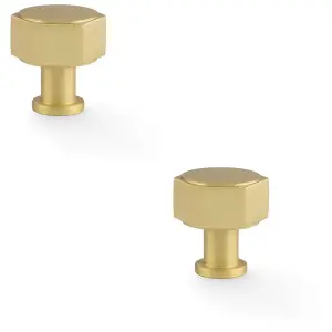 2 PACK - Industrial Hex Cabinet Door Knob - 33mm Satin Brass Cupboard Pull Handle