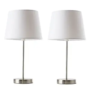 ValueLights Modern Pair Of Satin Silver Table Lamps With White Shades