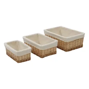 JVL Hand Woven Acacia Set of 3 Rectangular Willow Storage Baskets with Lining, Honey Finish