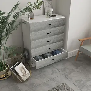 URBNLIVING Height 90.5cm 5 Drawer Wooden Bedroom Chest Cabinet Modern White Carcass and Ash Grey Drawers Wide Storage Cupboard