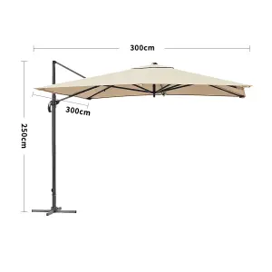 3M Large Square Canopy Rotatable Tilting Garden Rome Umbrella Cantilever Parasol with Cross Base, Beige