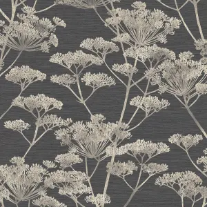 Boutique Serene Seed-Head Black & Gold Floral Wallpaper