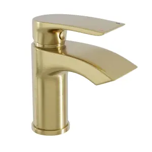 Bubly Bathrooms Brushed Brass Sleek Waterfall Basin Sink Mixer Tap & Click Clack Waste