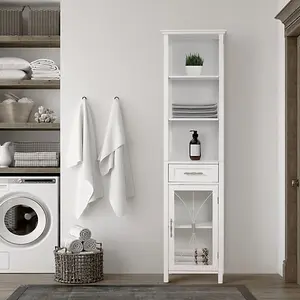 Teamson Home Freestanding Tall Column Bathroom Cabinet with Drawer and Open Shelves, White